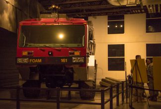 A firetruck from the 9/11 attack is on display.